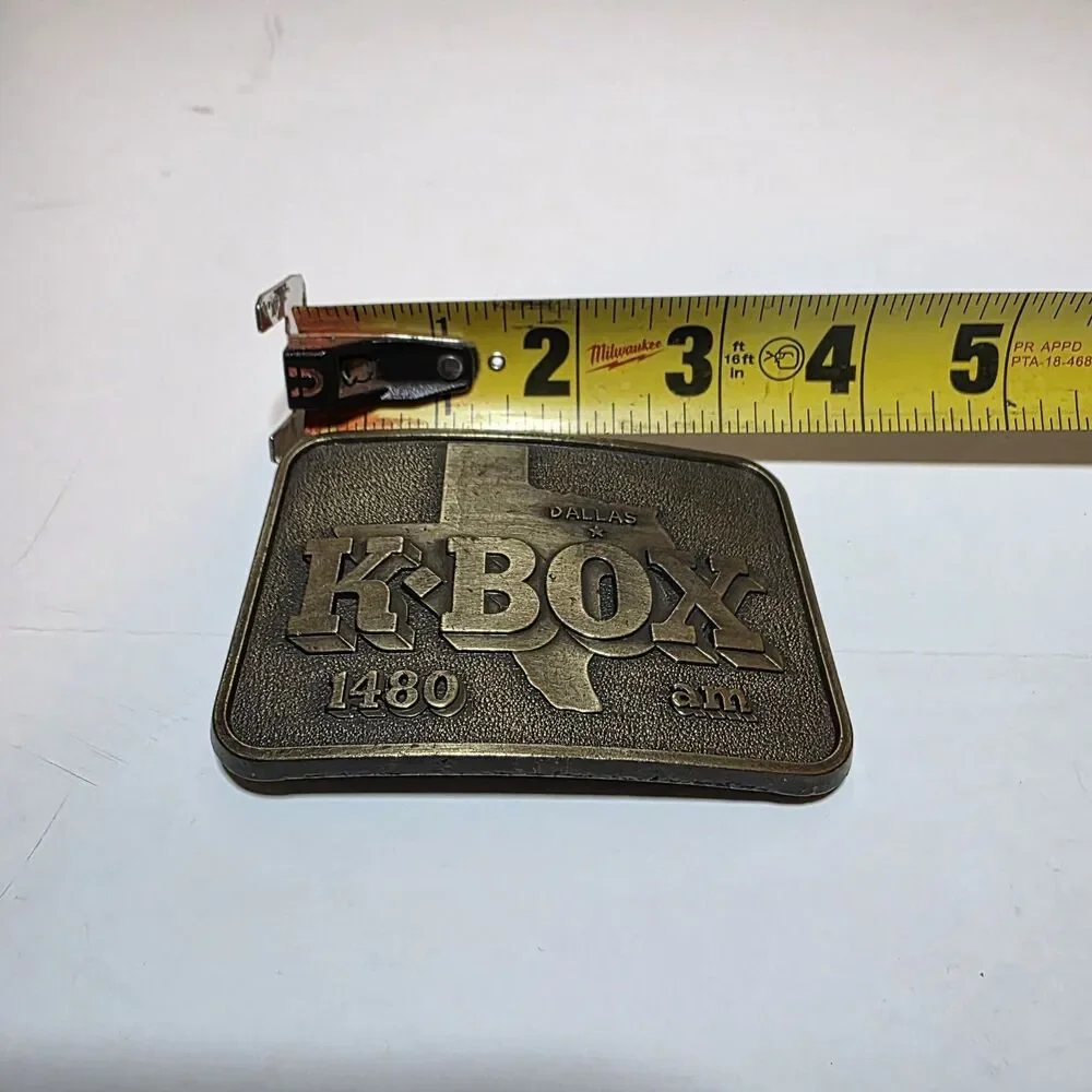 Vintage KBOX 1480 AM radio station Dallas Tx brass belt buckle Rectangle